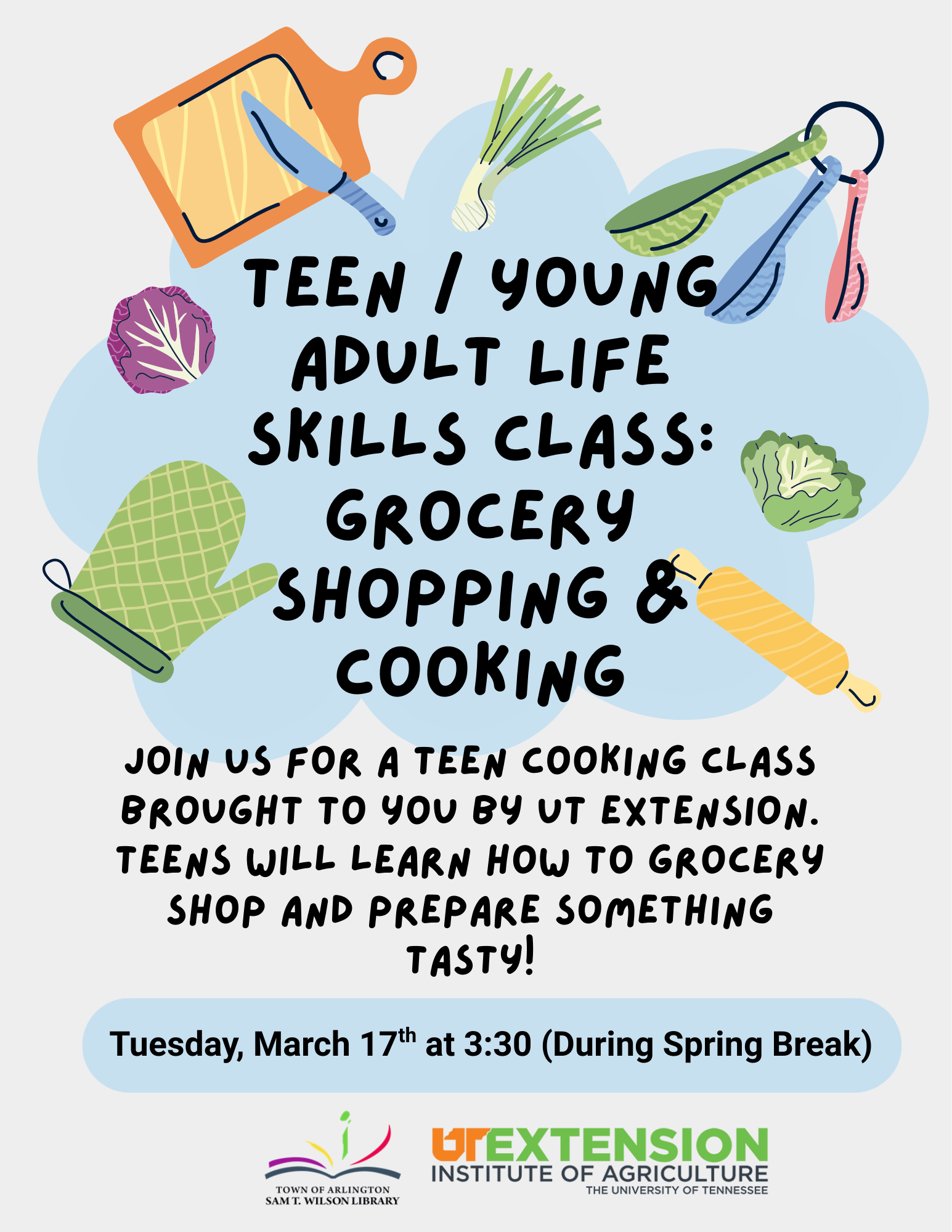 the teen cooking class is on March 17th at 3:30. no registration is required,