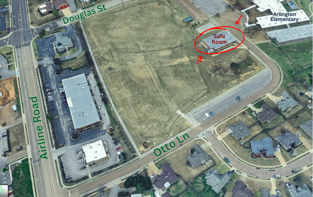 Aerial map of Douglas Street Park, located east of Airline Road between Douglas St and Otto Lane. The Tornado Safe Room is circled in red with arrows pointing to it at end of Otto Ln, beside Arlington Elementary School