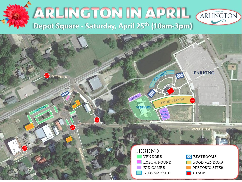 Aerial map of Arlington in April event location in Depot Square on Sat April 25 from 10am-3pm. Festival extends along north side of Walker St and Forrest Street, with parking in forrest street park and vendors, food trucks, and historic sites scattered between it in Depot Square