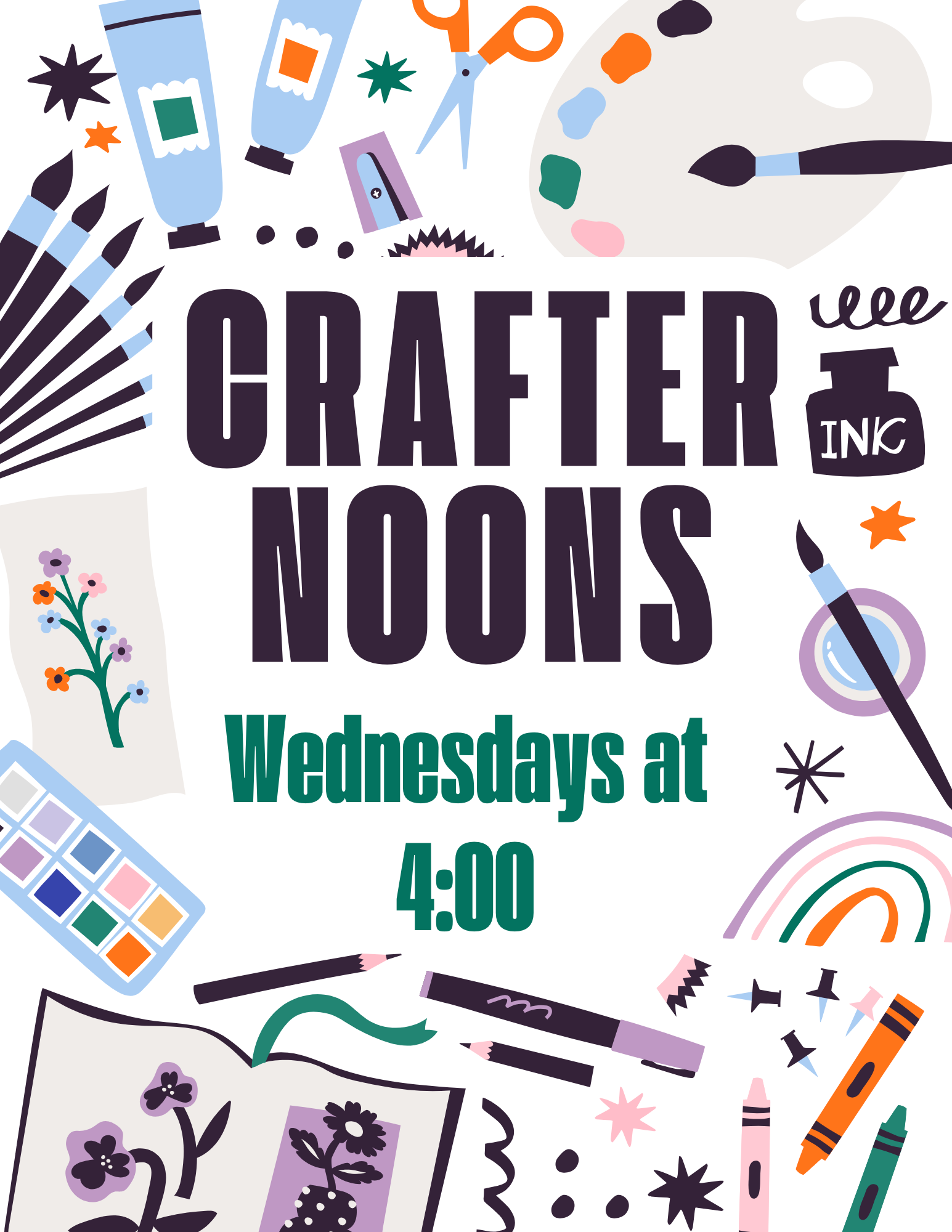 crafternoons are on wednesdays at 4:00. Each week we will do a different craft.