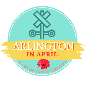 Round teal logo with trail crossing symbol at top and words "Arlington in April" in yellow swoosh. Below is a pink flower and text "A community festival"