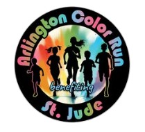 Round logo for Arlington Color Run for St Jude. Includes a black outer ring with name in rainbow colors, and in the center is outline of people running with splashes of color around them