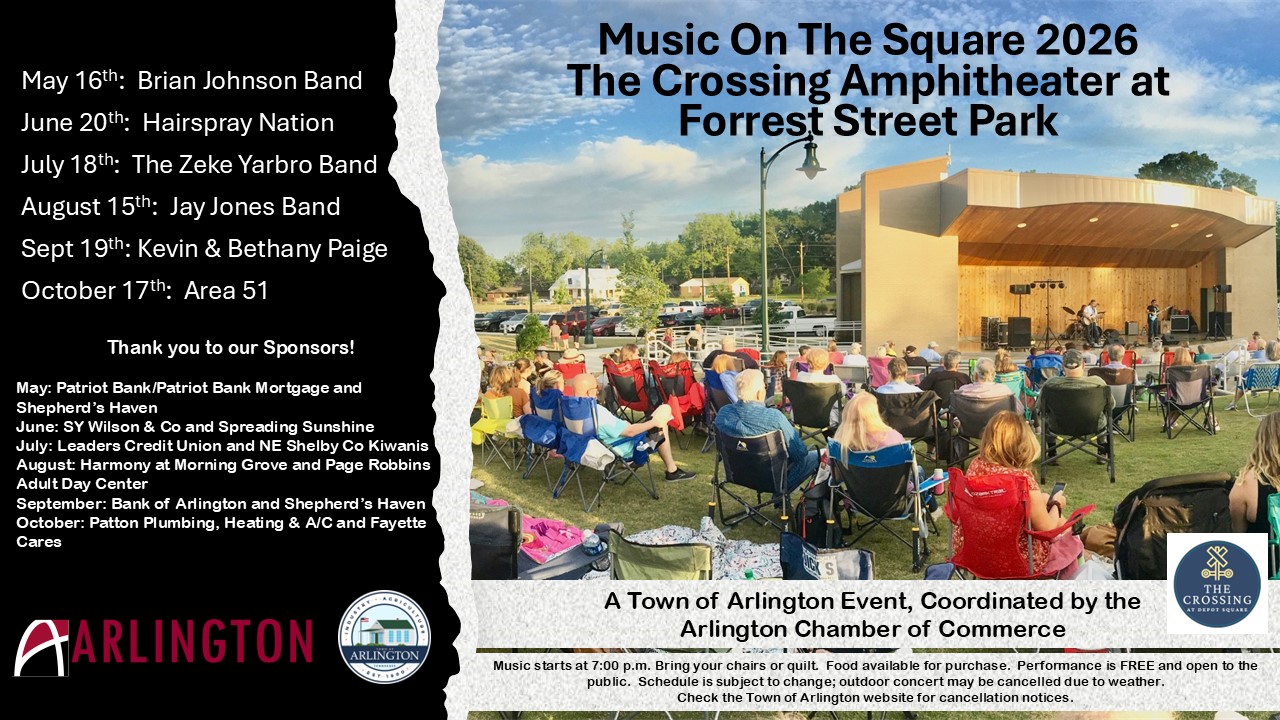 Graphic for 2026 Music on the Square, with panorama picture of a crowd in lawn chairs watching an amphitheater performance. Text includes bands and sponsors for each event on 3rd Saturday each month at Crossing Amphitheater, from May to October. 12118 Forrest St, Arlington TN. 7pm. Coordinated by the Arlington Chamber of Commerce
