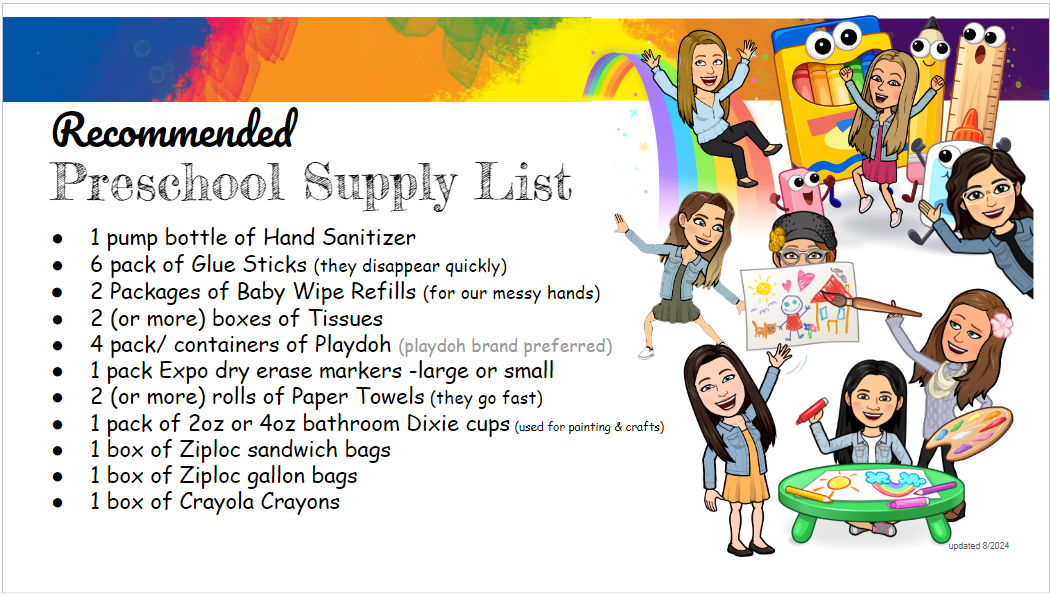 Supply list with bitmojis of teachers waving