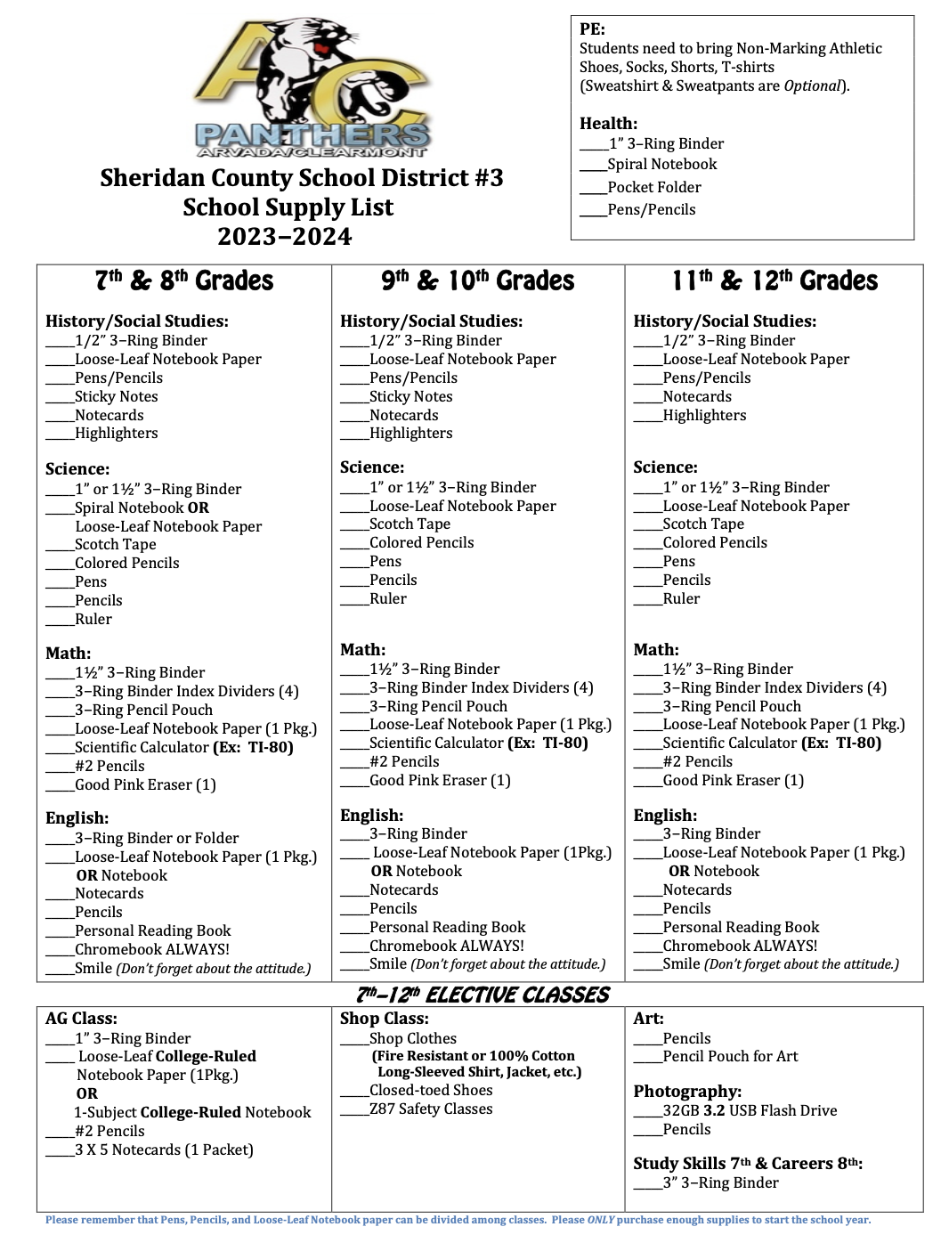 School Supplies | Sheridan County School District #3