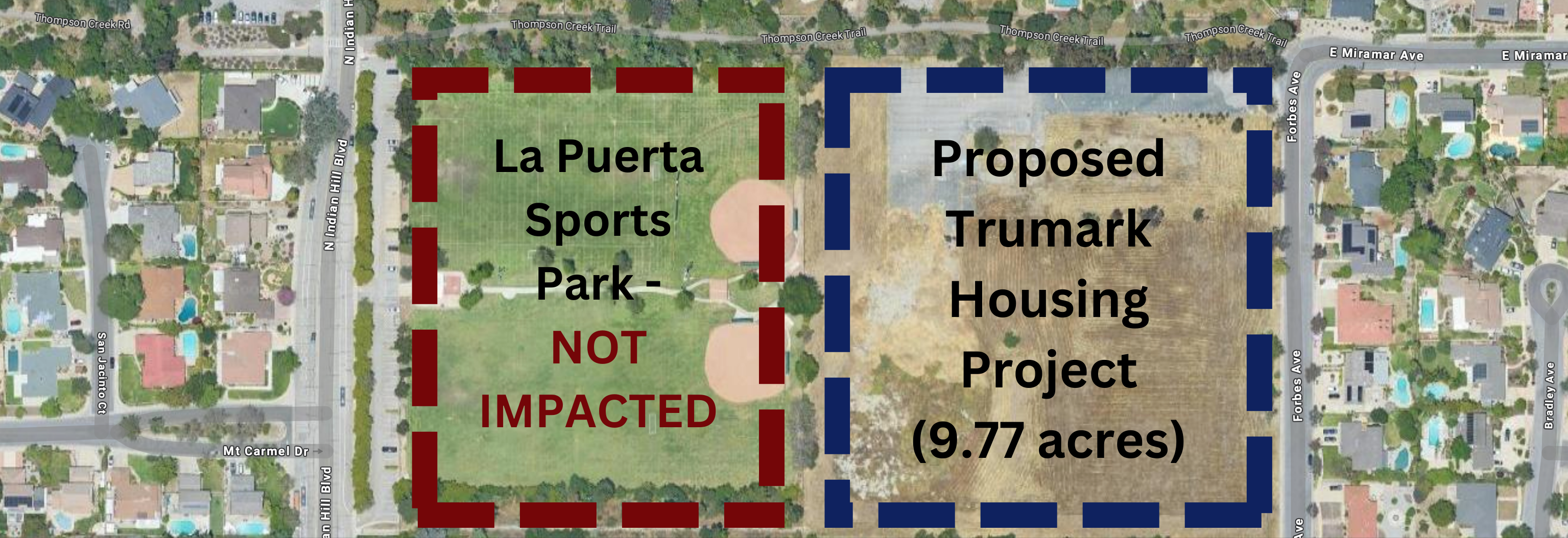 Image of the separation between the La Puerta Sports Park and the surplus land for sale.