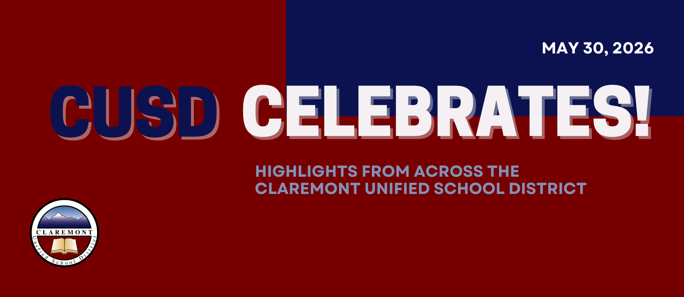 Blue and red background with "CUSD Celebrates!" in white, "April 18, 2026" in the top right, and a logo.