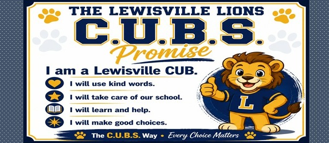 Poster titled “The Lewisville Lions C.U.B.S. Promise” featuring Lewisville Elementary School's blue and gold colors. The design includes paw prints in the corners and a large blue and gold heading across the top. On the right side is a cartoon lion mascot wearing a blue shirt with the letter “L” and giving a thumbs-up.  The poster introduces the C.U.B.S. Promise with the statement:  “I am a Lewisville CUB.”  Below are four commitments, each paired with a symbol:  💙 I will use kind words. (heart icon)  ⭐ I will take care of our school. (star icon)  📖 I will learn and help. (open book icon)  ✨ I will make good choices. (spark/starburst icon)  At the bottom, a blue banner reads:  “The C.U.B.S. Way • Every Choice Matters”  The overall design promotes kindness, responsibility, learning, helping others, and making positive choices as part of the Lewisville Elementary school culture. The poster uses the school's blue and gold color scheme and features a friendly lion mascot to reinforce the message.