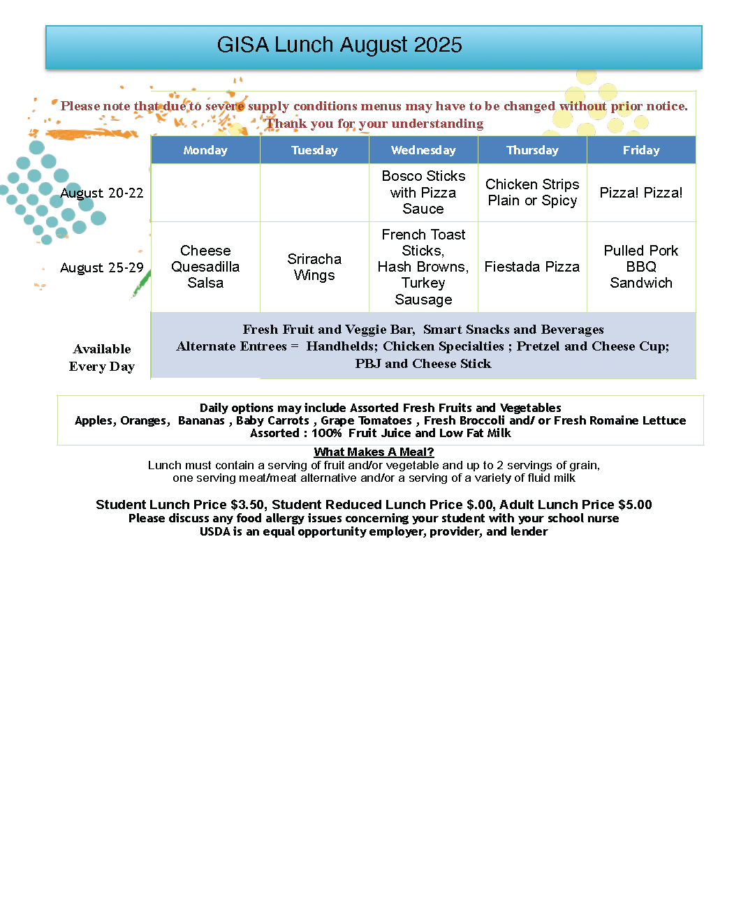 August Lunch Menu