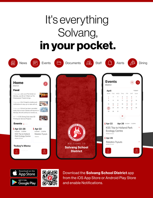 English language flyer for Solvang's app showing a view of the app homescreen with the words "It's everything Solvang in your pocket."