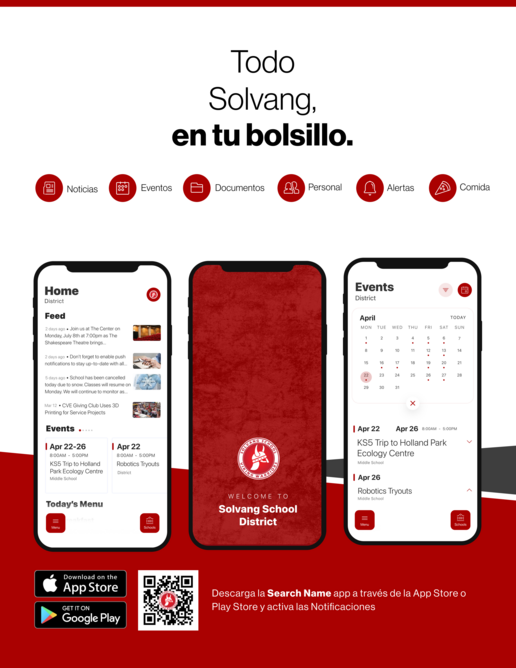 Spanish language flyer for Solvang's app showing a view of the app homescreen with the words "It's everything Solvang in your pocket."