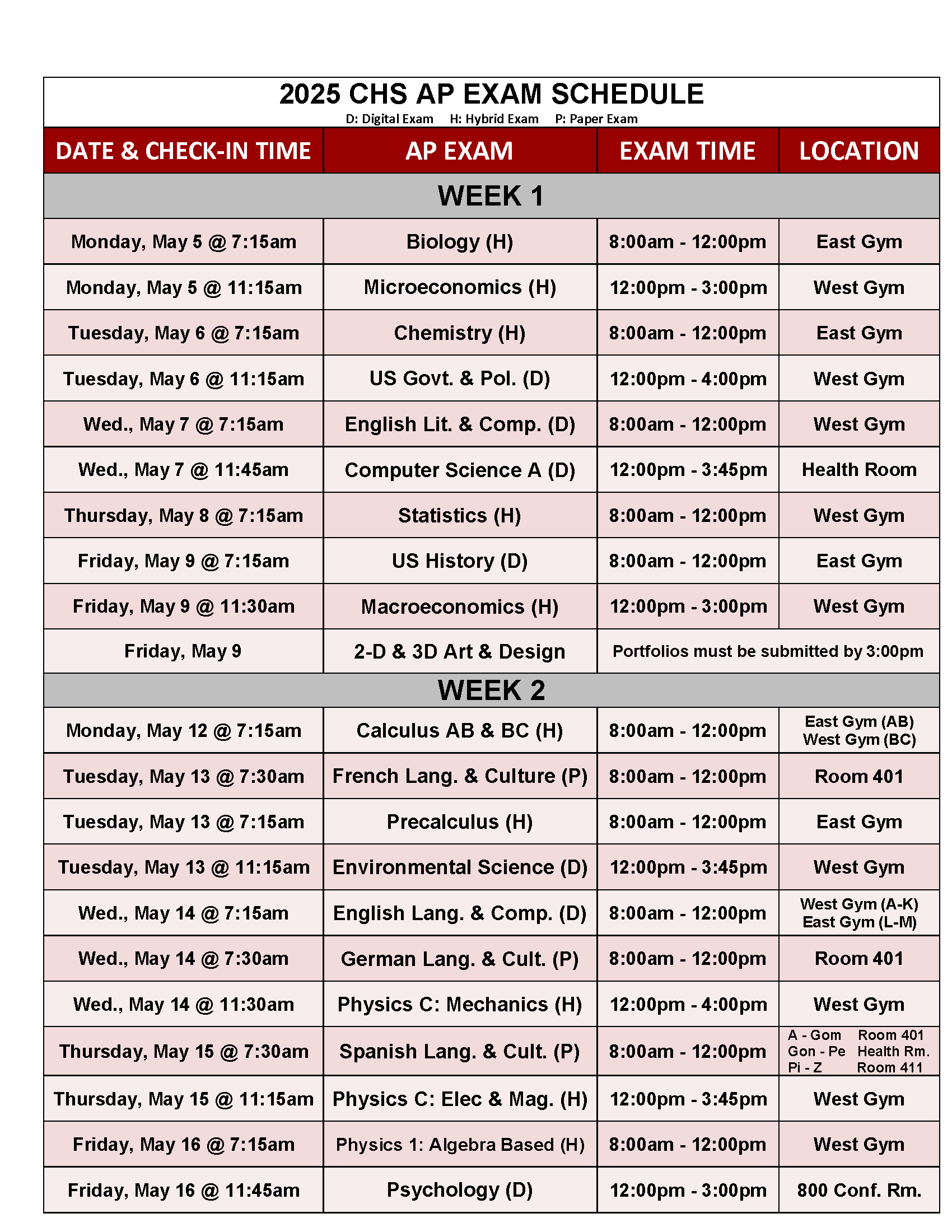 AP Exam Schedule