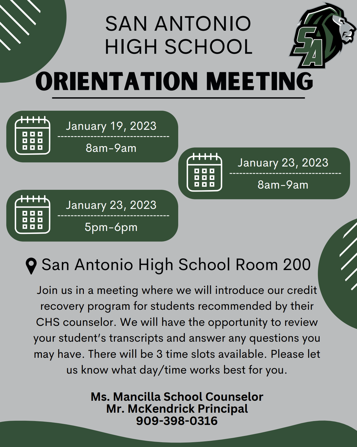 Flier announcing parent meeting for transfer students from CHS to SAHS