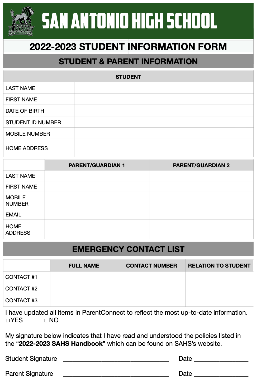New Student Information Form