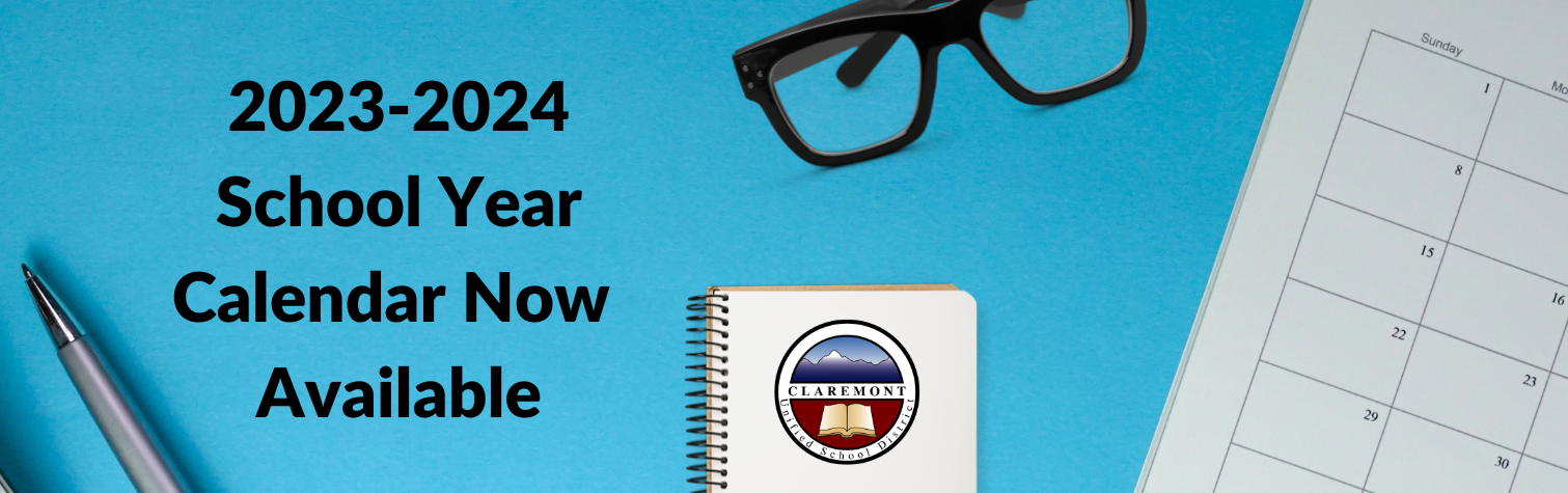 a teal graphic that reads "2023-2023 Calendar Available" next to the Claremont seal and a pair of glasses