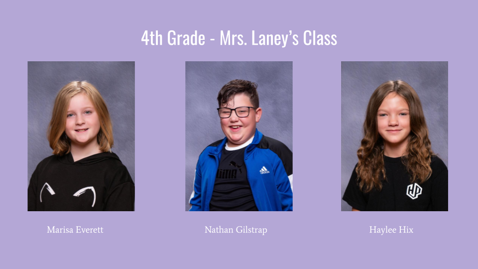 A class photo featuring three students from Mrs. Laney's 4th grade class, with each student displayed in individual portraits against a gray background.