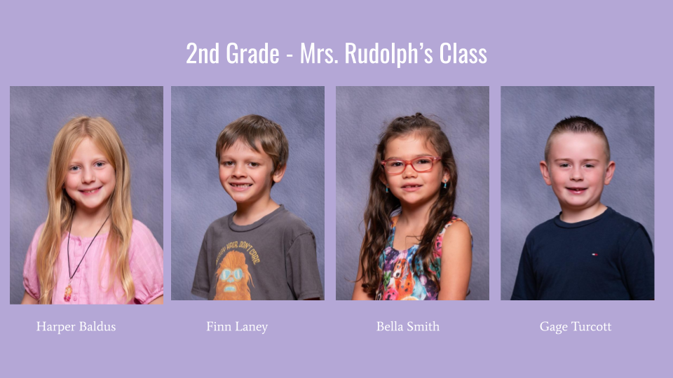 A group photo of four second-grade students from Mrs. Rudolph's class, each smiling and posed individually against a gray background, with their names displayed below each image.