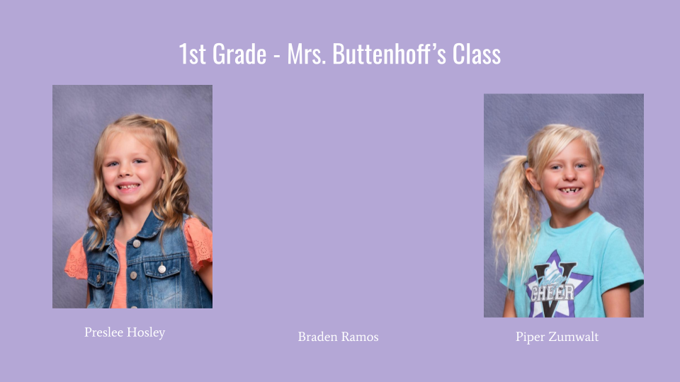 A class photo featuring three smiling girls, each with their names displayed below their images, set against a light purple background.