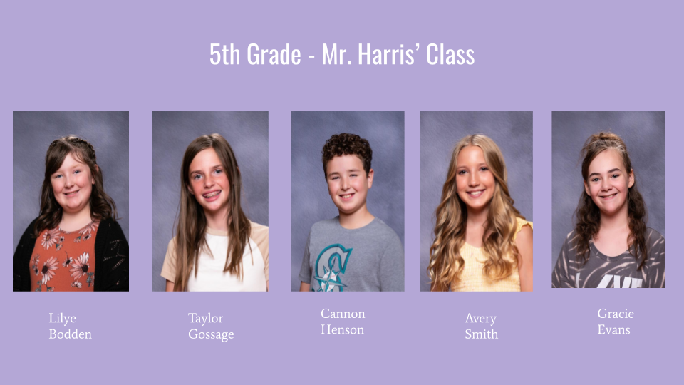 A group photo of five students from Mr. Harris' 5th grade class, each with individual portraits displayed against a purple background.
