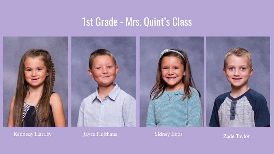 A class photo featuring four first-grade students, each smiling and posed individually against a gray background, with their names displayed below each image.