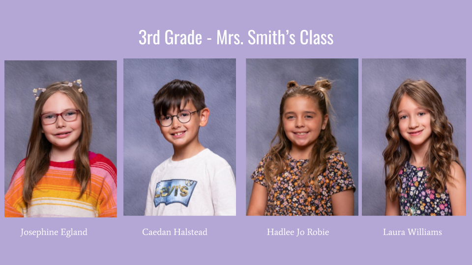 A group photo featuring four students from Mrs. Smith's 3rd grade class, each with their name displayed below their portrait against a purple background.