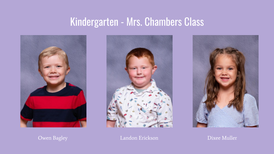 A class photo featuring three kindergarten students: Owen Buggy, Landon Erickson, and Drew Mullen, each smiling and posed against a light purple background.