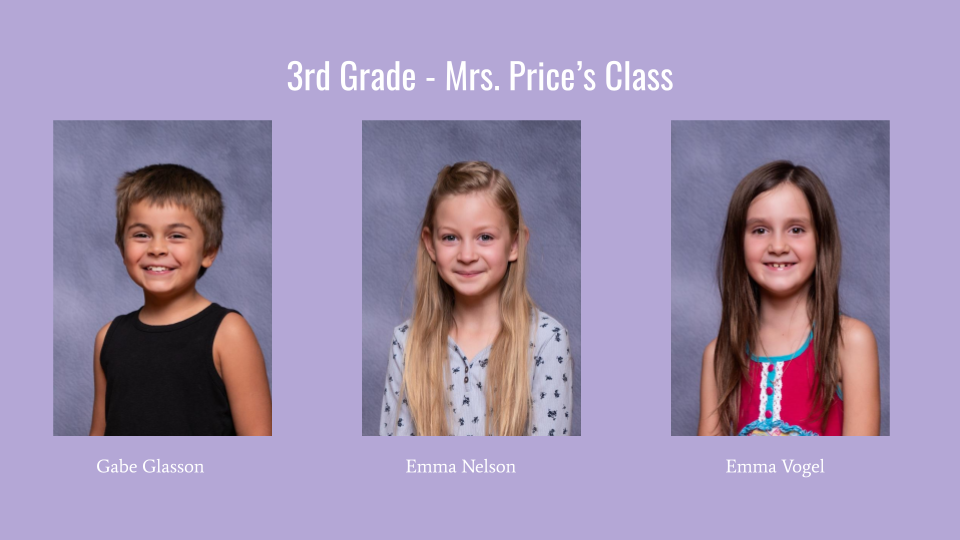 A class photo featuring three students from Mrs. Price's 3rd grade class, each with their name displayed below their portrait.