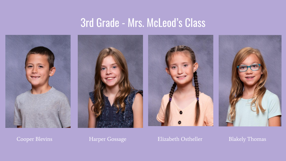 A group photo of four students from Mrs. McLeod's 3rd grade class, each smiling and posed individually against a gray background, with their names displayed below each photo.