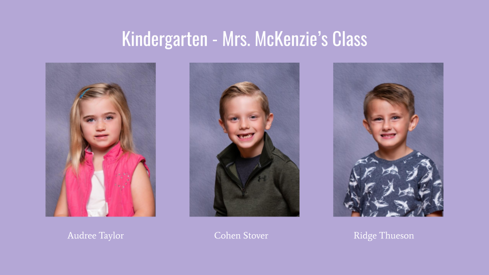 A class photo featuring three children from Mrs. McKenzie's kindergarten class, with their names displayed below each image.