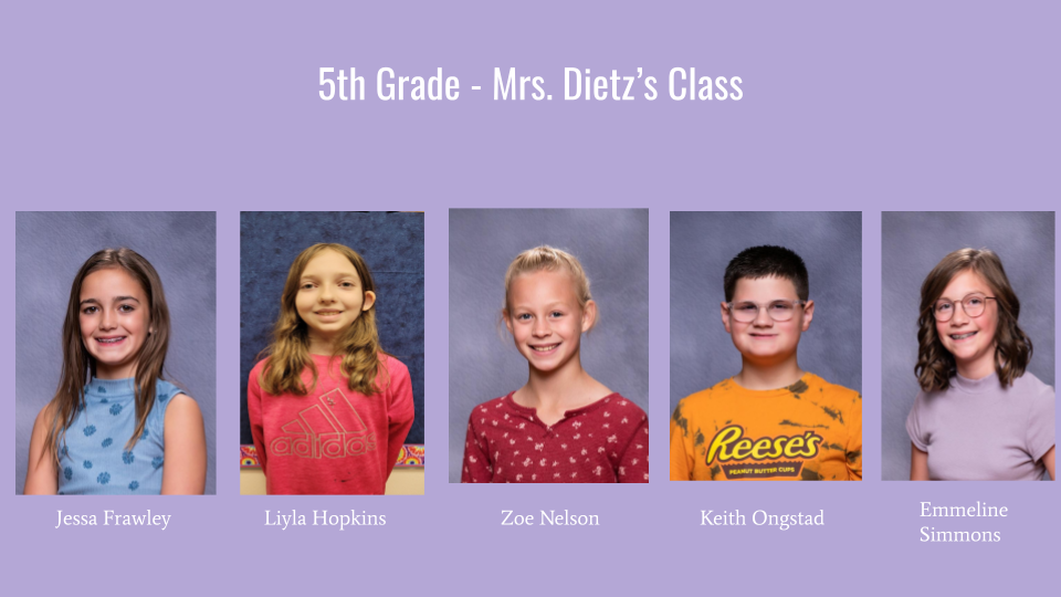 A group photo of five fifth-grade students from Mrs. Dietz's class, each with their name displayed below their image, set against a light purple background.