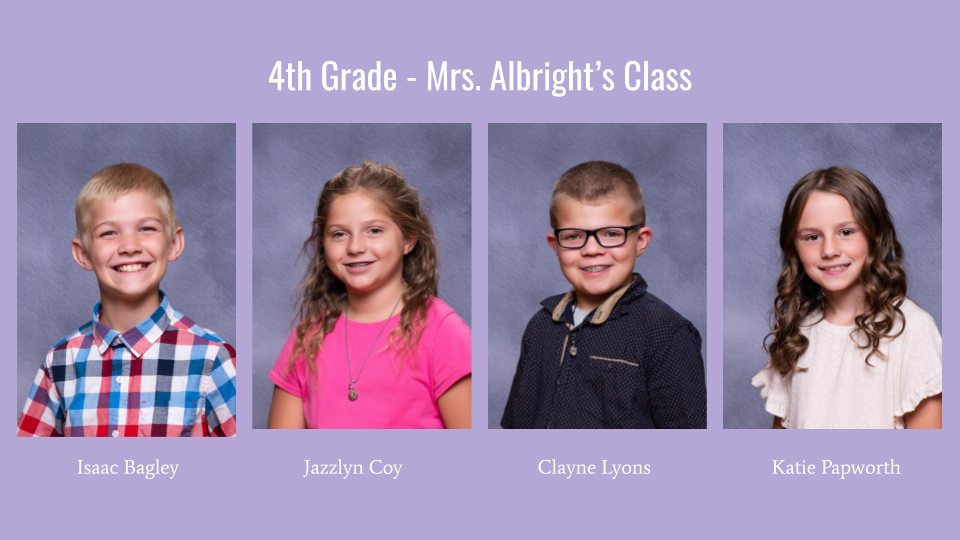 A group photo of four students from Mrs. Albright's 4th grade class, each smiling and posed individually against a gray background, with their names displayed below each photo.