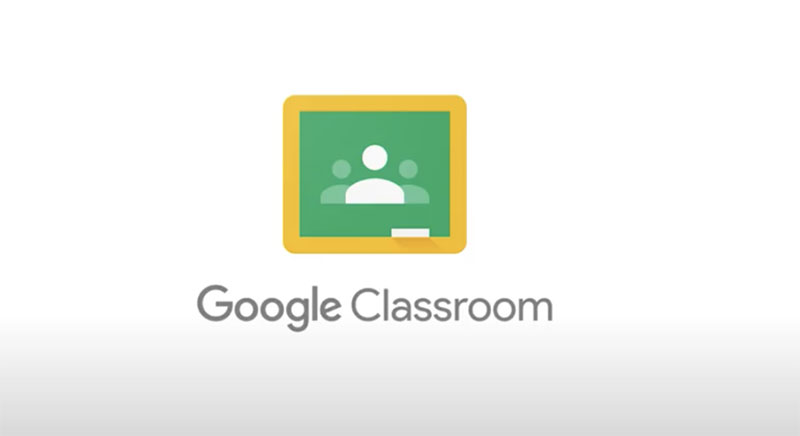 The Google Classroom logo features a green chalkboard with a yellow frame and a simplified icon of three people in front of it, along with the text 'Google Classroom' below.