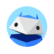 A stylized, geometric character with a triangular head and blue accents, set against a light blue circular background.