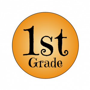 A circular orange graphic featuring the text '1st Grade' in a playful font.