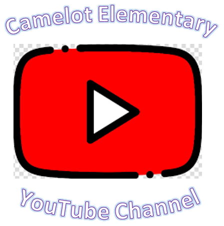 A stylized YouTube logo featuring a red play button inside a red rectangle, surrounded by the text 'Camelot Elementary YouTube Channel' in blue.
