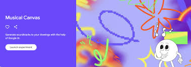 A colorful digital illustration featuring abstract shapes and a cartoon character with musical notes, accompanied by the text 'Musical Canvas' on a purple background.