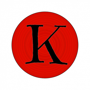 A stylized black letter 'K' is centered within a red circular background, set against a black backdrop.
