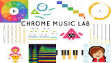 A colorful collage featuring various musical elements and icons from Chrome Music Lab, including shapes, sound waves, and a keyboard.