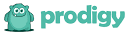 A cartoonish teal monster with large eyes stands next to the word 'prodigy' in a playful font.