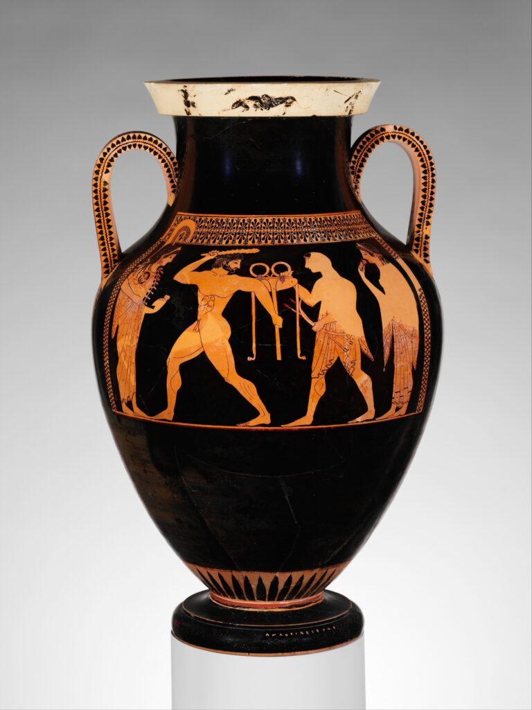 A black-figure amphora featuring scenes of athletic figures, showcasing ancient Greek art with detailed depictions of human forms and activities.