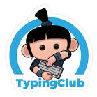 A cartoon character with a ponytail is typing on a keyboard, surrounded by a blue circular design, with the text 'TypingClub' below.