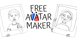 A simple line drawing featuring two characters, one on the left and one on the right, with the text 'FREE AVATAR MAKER' in the center, accompanied by a red, white, and blue design element.
