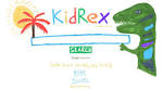 A colorful, child-friendly search engine homepage featuring a cartoon dinosaur and a palm tree, with the text 'KidRex' prominently displayed.