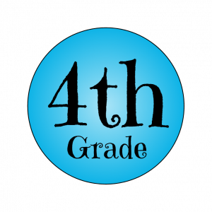 A circular blue graphic featuring the text '4th Grade' in a playful font.