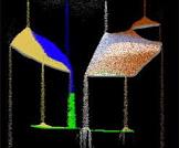 An abstract digital artwork featuring geometric shapes in various colors, including blue, yellow, and orange, set against a black background.