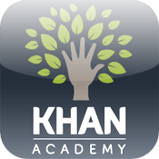 The logo of Khan Academy features a stylized hand reaching up with green leaves above it, set against a dark background, with the words 'KHAN' and 'ACADEMY' prominently displayed below.