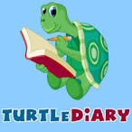 A cartoon turtle holding a pencil and an open book, with the text 'TURTLE DIARY' in colorful letters below it.