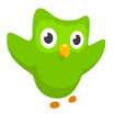 A cartoonish green owl with large eyes and a small orange beak, appearing to flap its wings.
