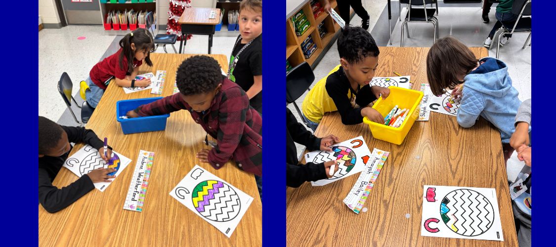 kindergarten students practice the letter C with Christmas ornaments