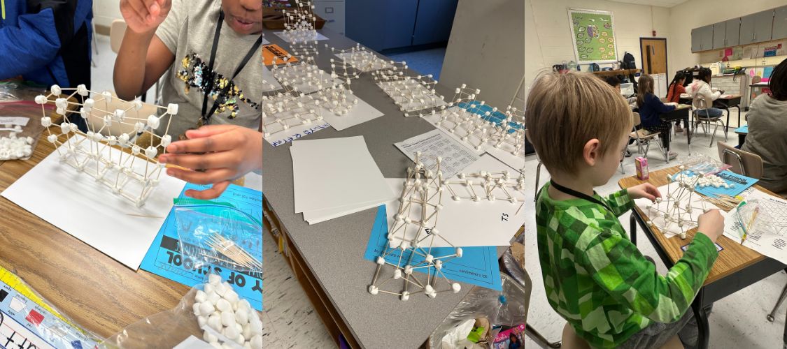 students build structures with 100 marshmallows to celebrate the 100 day of school